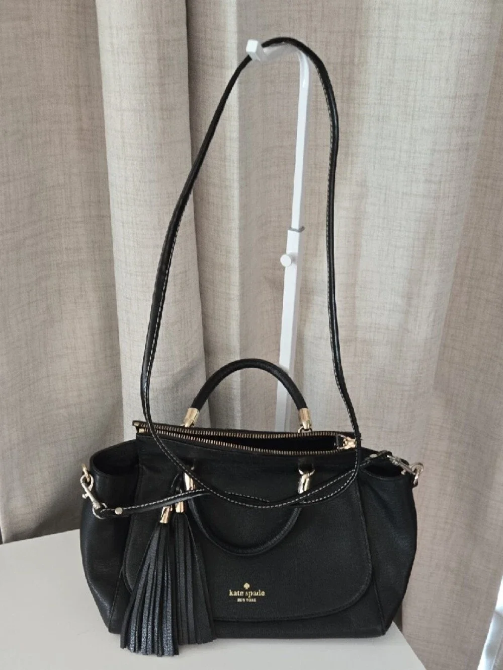 kate spade Black Leather Satchel with Tassel Accent